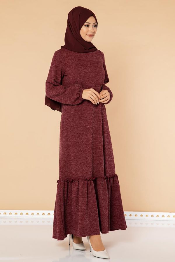 Fırfır Detay Tesettür Elbise- 3067 Bordo - 3
