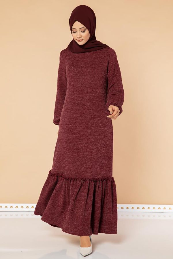 Fırfır Detay Tesettür Elbise- 3067 Bordo - 4