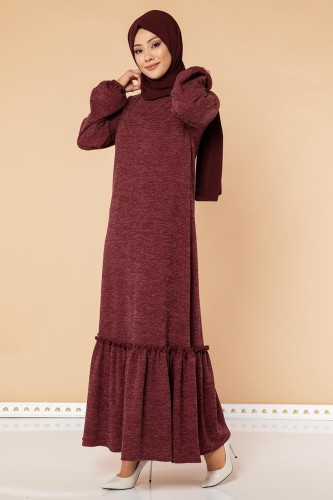 Fırfır Detay Tesettür Elbise- 3067 Bordo 