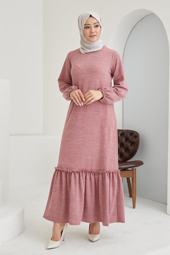 Fırfır Detay Tesettür Elbise- 3067 Gülkurusu 