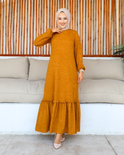 Modaebva - Fırfır Detay Tesettür Elbise- 3067 Hardal sarısı