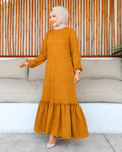 Modaebva - Fırfır Detay Tesettür Elbise- 3067 Hardal sarısı (1)