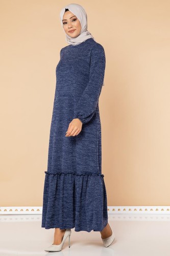 Fırfır Detay Tesettür Elbise- 3067 İndigo - 3