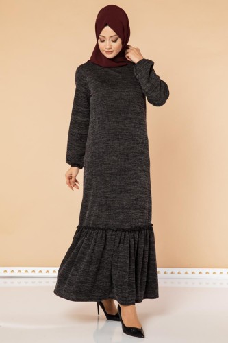Fırfır Detay Tesettür Elbise- 3067 Siyah - 2