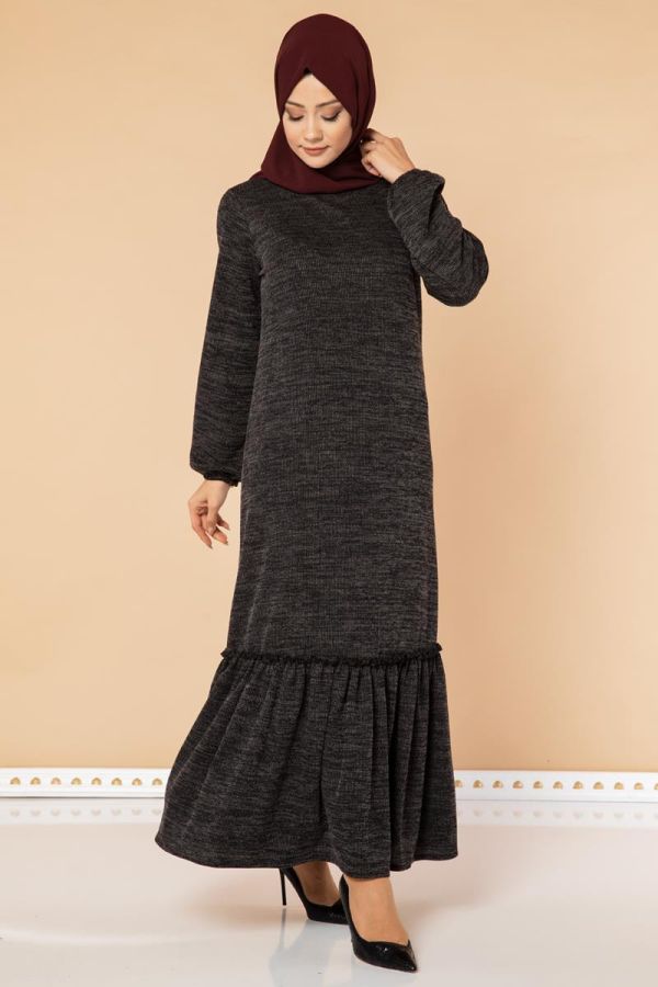 Fırfır Detay Tesettür Elbise- 3067 Siyah - 2