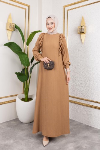 Modaebva - Fırfır Detaylı Tesettür Elbise-5025 Latte
