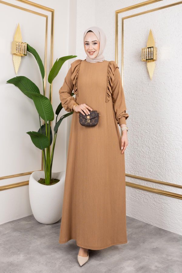 Fırfır Detaylı Tesettür Elbise-5025 Latte