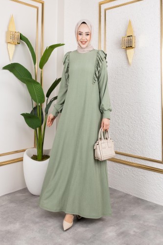 Modaebva - Fırfır Detaylı Tesettür Elbise-5025 Su yeşili