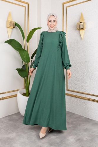 Modaebva - Fırfır Detaylı Tesettür Elbise-5025 Yeşil