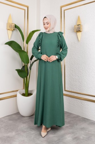 Modaebva - Fırfır Detaylı Tesettür Elbise-5025 Yeşil (1)