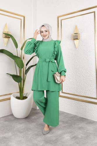 Fırfır Detaylı Tesettür Takım-3131 Benetton yeşili - Thumbnail