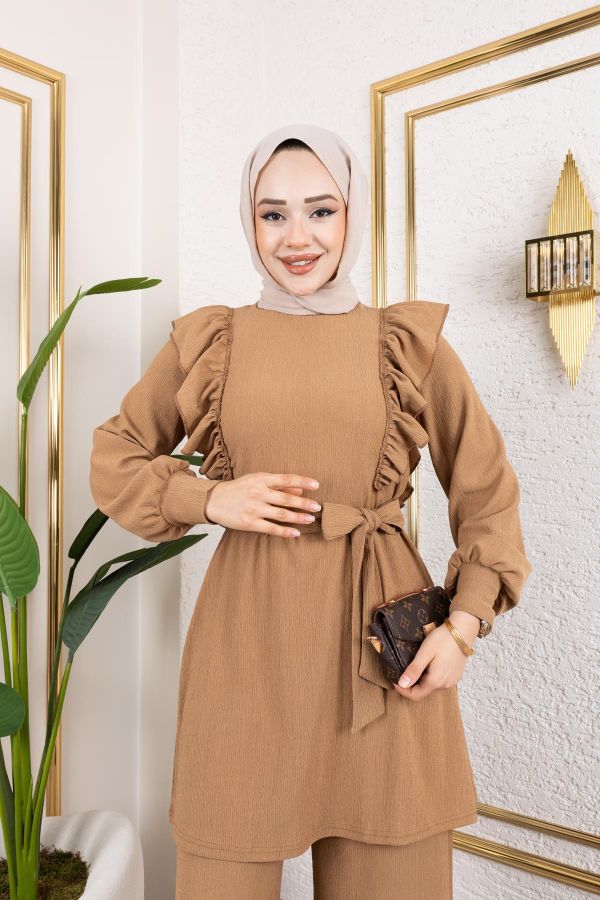 Fırfır Detaylı Tesettür Takım-3131 Latte