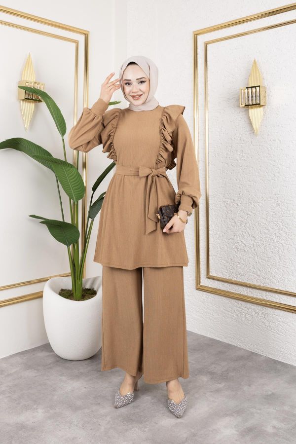 Fırfır Detaylı Tesettür Takım-3131 Latte