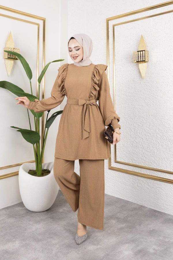 Fırfır Detaylı Tesettür Takım-3131 Latte