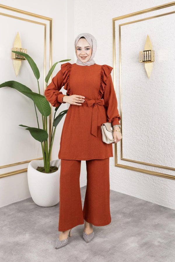 Fırfır Detaylı Tesettür Takım-3131 Oranj