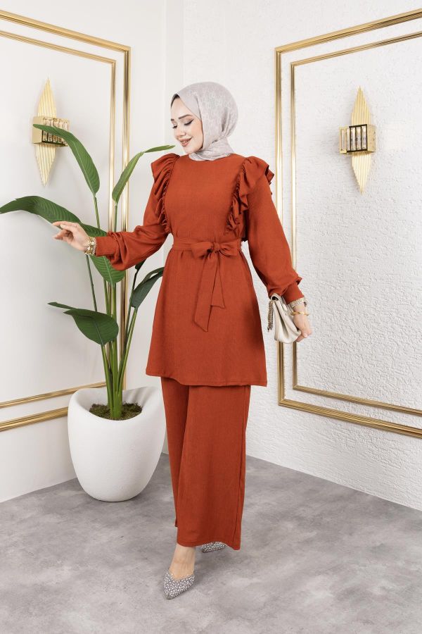 Fırfır Detaylı Tesettür Takım-3131 Oranj