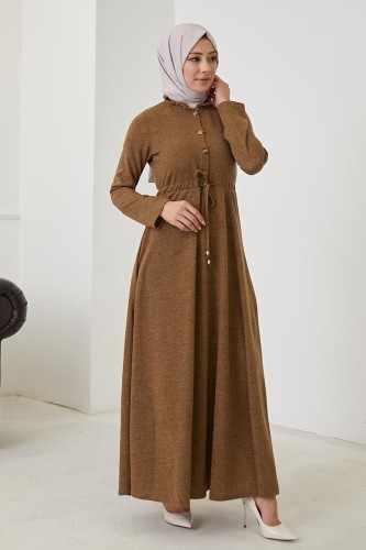Firfir Yaka Tesettür Elbise-3057 Vizon - 3