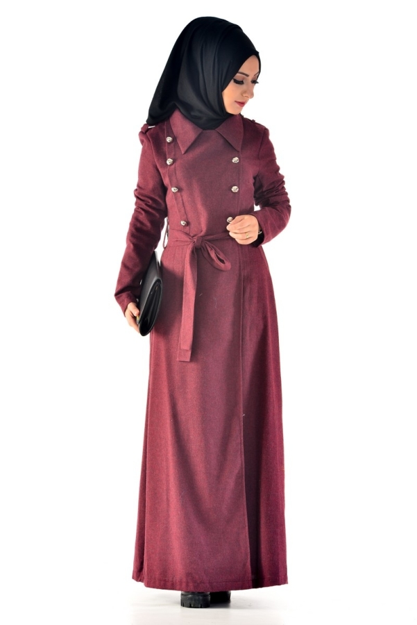 Flannel Kumaş Kemerli Pardesü Bordo-6578