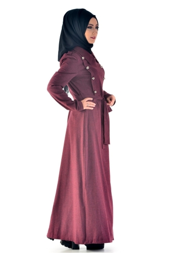 Flannel Kumaş Kemerli Pardesü Bordo-6578 - Thumbnail