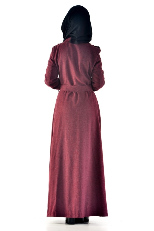 Flannel Kumaş Kemerli Pardesü Bordo-6578