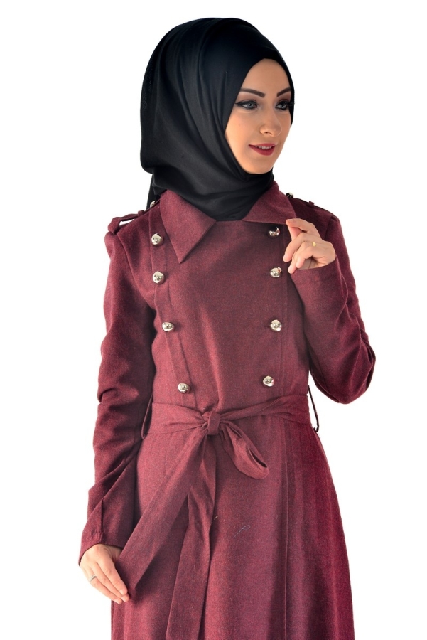 Flannel Kumaş Kemerli Pardesü Bordo-6578