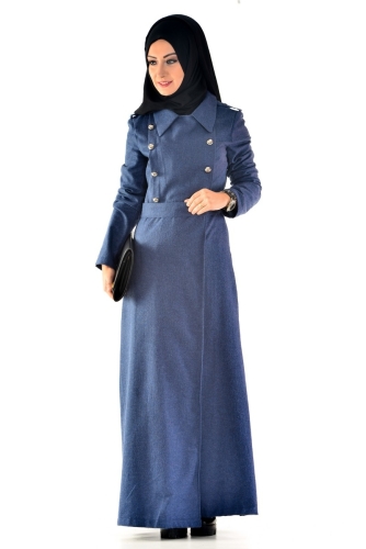 Flannel Kumaş Kemerli Pardesü Lacivert-6578 - Modaebva