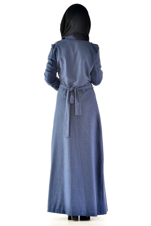 Flannel Kumaş Kemerli Pardesü Lacivert-6578 - 4