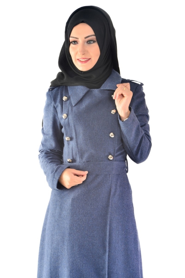 Flannel Kumaş Kemerli Pardesü Lacivert-6578 - 2