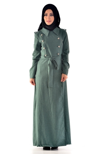 Flannel Kumaş Kemerli Pardesü Yeşil-6578 - Modaebva