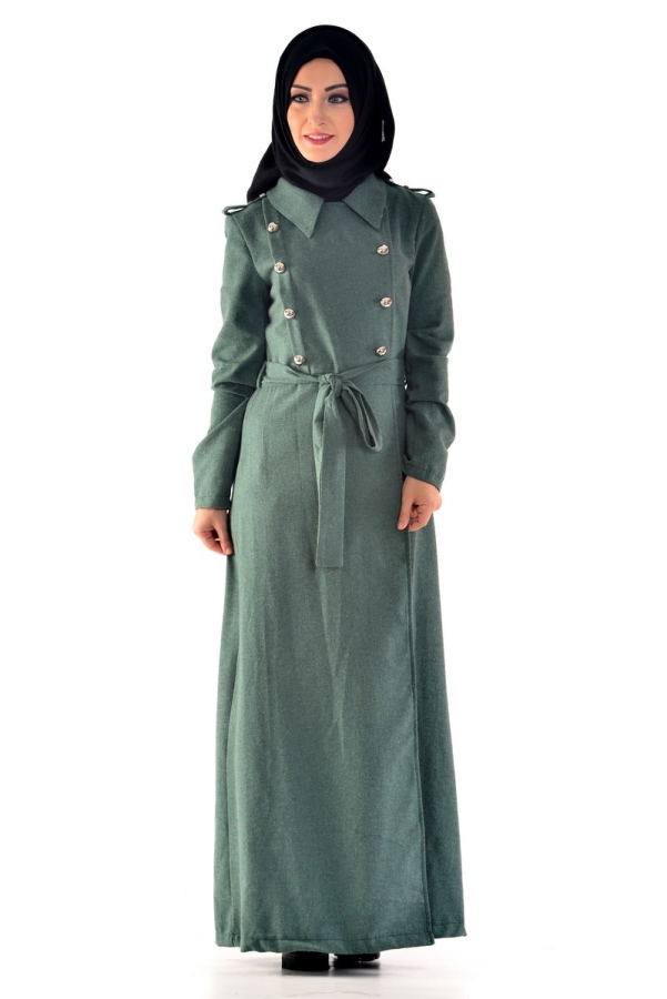 Flannel Kumaş Kemerli Pardesü Yeşil-6578 - 1