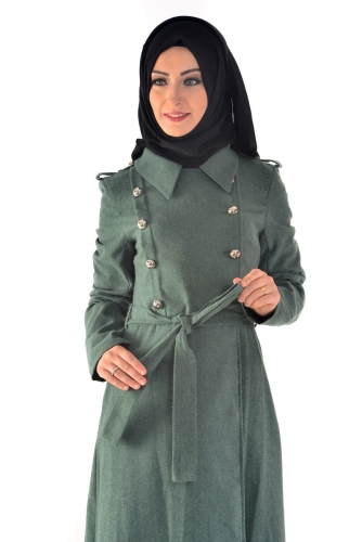 Flannel Kumaş Kemerli Pardesü Yeşil-6578 - Modaebva (1)