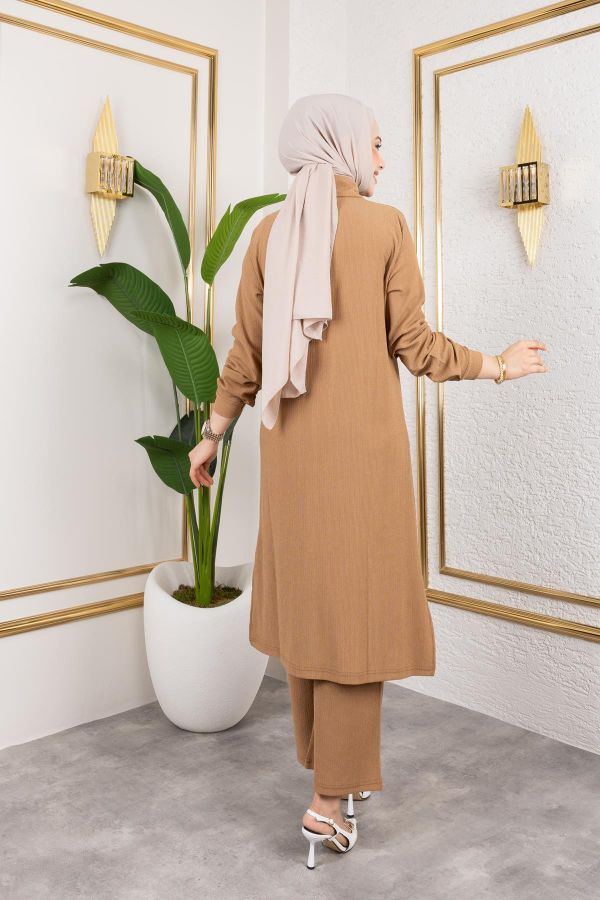 Flar Detaylı İkili Tesettür Takım-3151 Latte