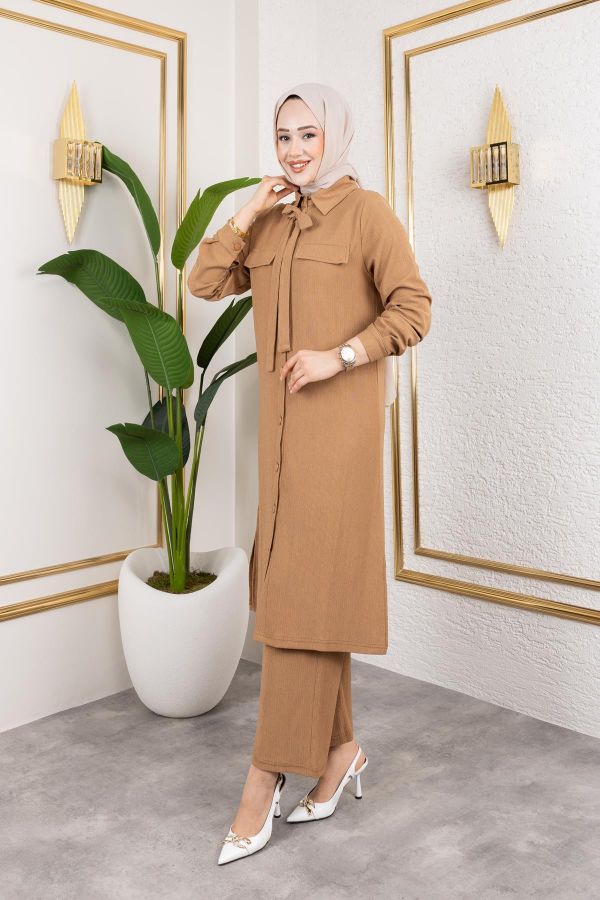 Flar Detaylı İkili Tesettür Takım-3151 Latte