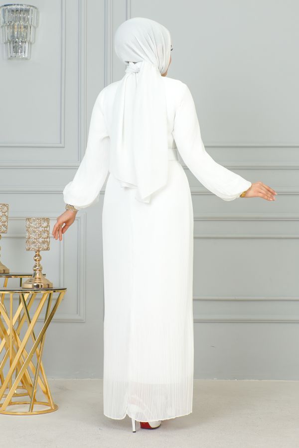 Flarlı Piliseli Şifon Elbise-3171 Beyaz