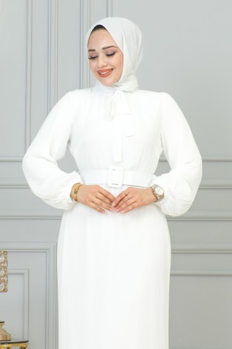 Flarlı Piliseli Şifon Elbise-3171 Beyaz - Thumbnail