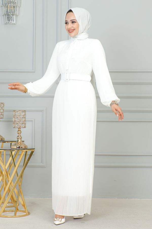 Flarlı Piliseli Şifon Elbise-3171 Beyaz