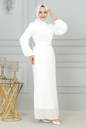 Flarlı Piliseli Şifon Elbise-3171 Beyaz - Thumbnail