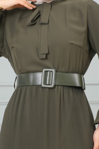 Flarlı Piliseli Şifon Elbise-3171 Haki yeşili - Thumbnail