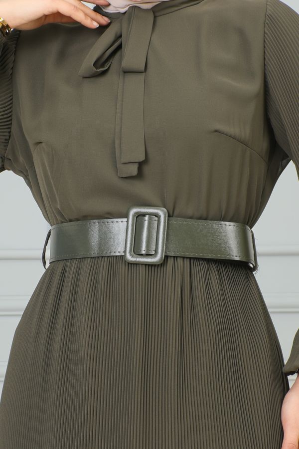 Flarlı Piliseli Şifon Elbise-3171 Haki yeşili
