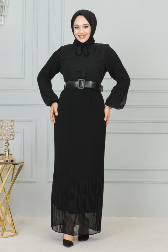 Flarlı Piliseli Şifon Elbise-3171 Siyah - Thumbnail