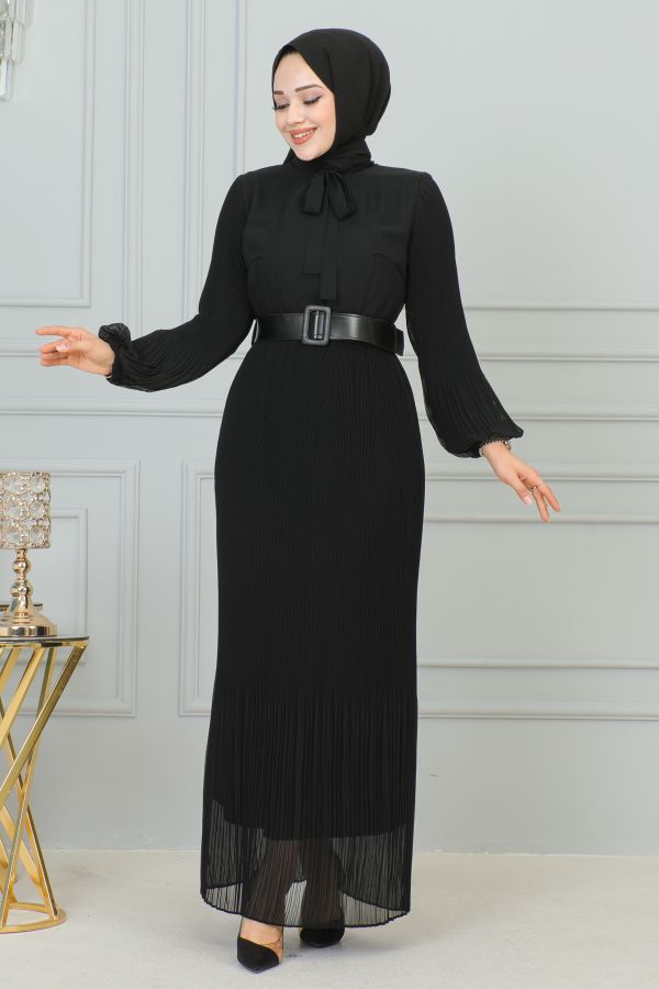 Flarlı Piliseli Şifon Elbise-3171 Siyah