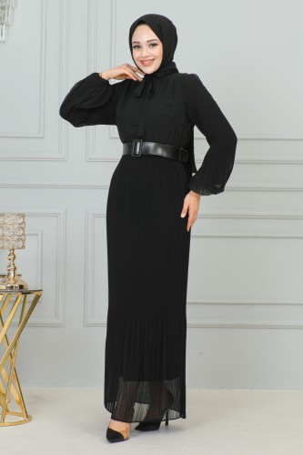 Flarlı Piliseli Şifon Elbise-3171 Siyah - Thumbnail