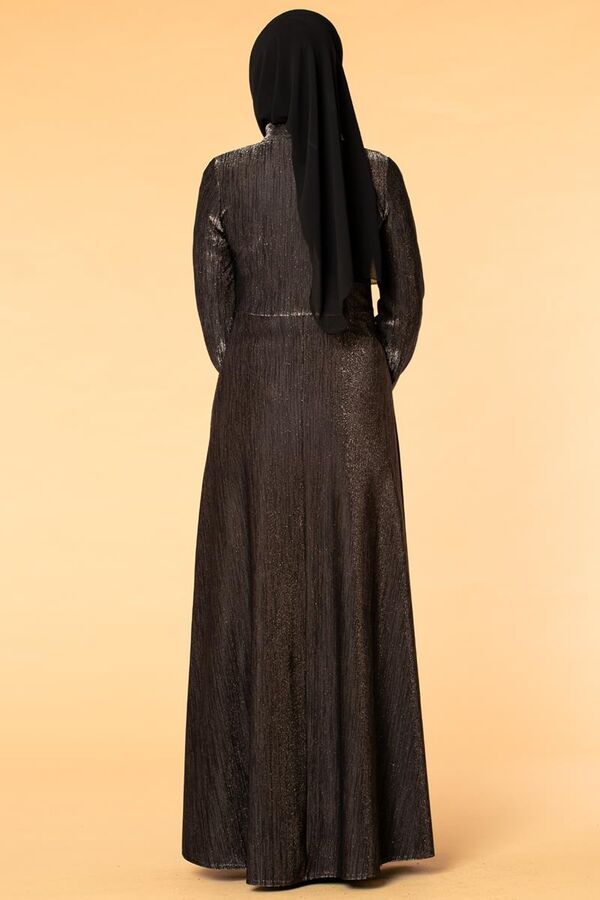 Flarlı Simli Tesettür Elbise-5008 Siyah