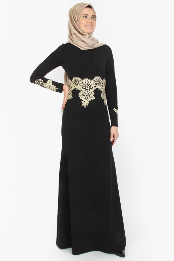 Gamze Gold İşlemeli Abiye Siyah-0033