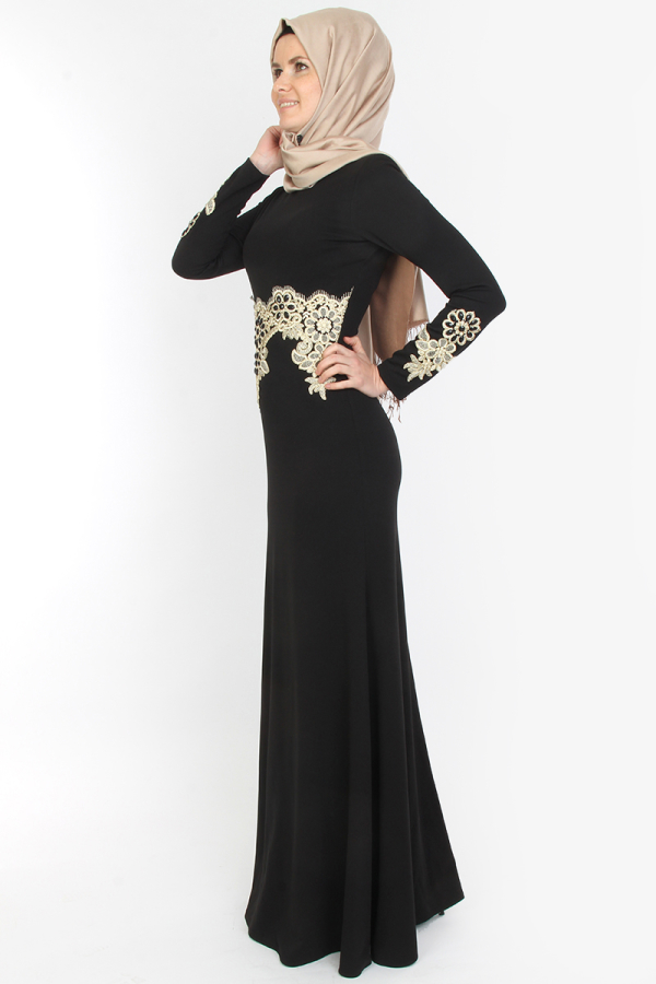 Gamze Gold İşlemeli Abiye Siyah-0033