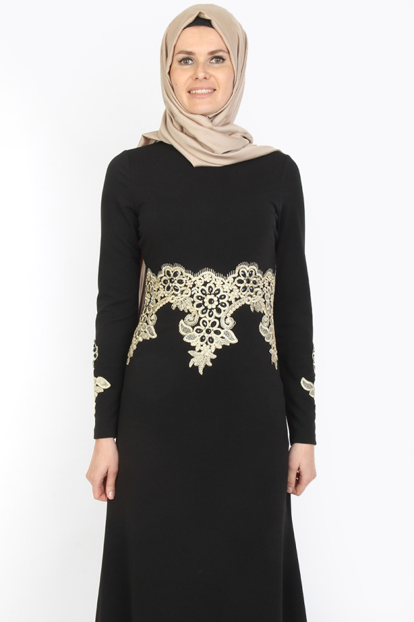 Gamze Gold İşlemeli Abiye Siyah-0033