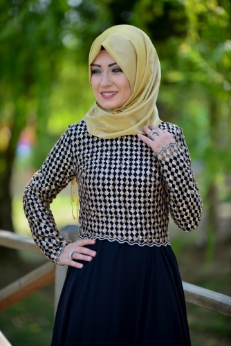Gold İşlemeli Şifon Abiye-7159 - Thumbnail