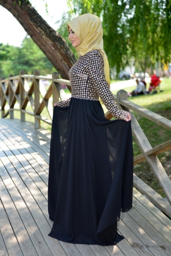 Gold İşlemeli Şifon Abiye-7159 - Thumbnail