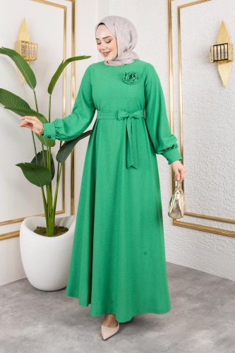 Modaebva - Gül Detaylı Tesettür Elbise-5028 Benetton yeşili (1)