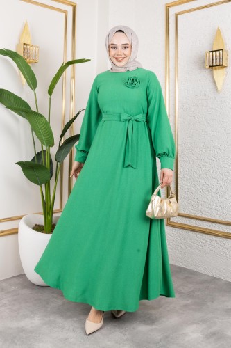 Modaebva - Gül Detaylı Tesettür Elbise-5028 Benetton yeşili